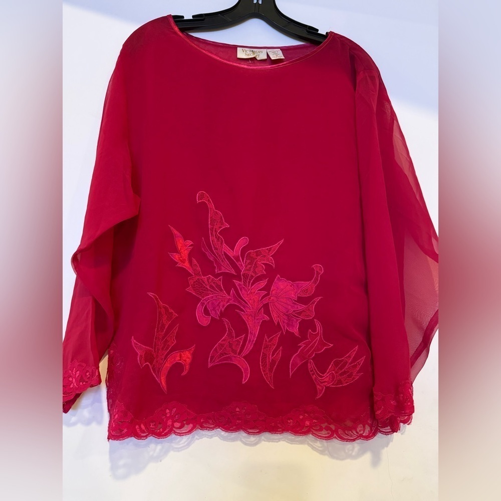 Victoria Secret Vintage Gold Label Floral Applique Lace Trim Sheer Top Size S